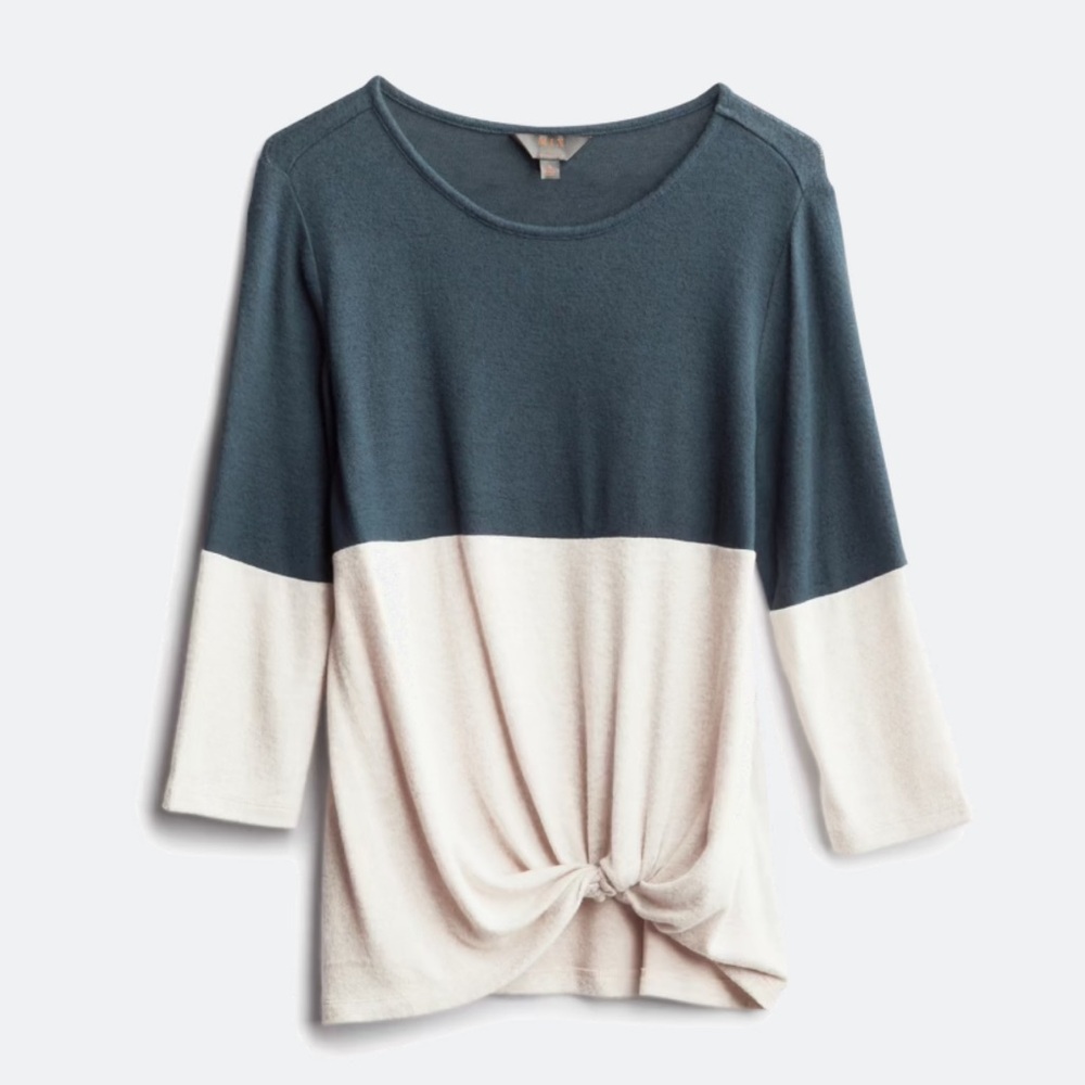 Market & Spruce Samantha Front Twist Brushed knit Top - Blue & Cream